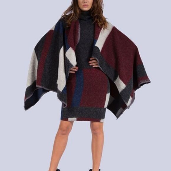 Natalia Romano Maroon Buffalo Plaid Samantha Poncho Wrap - Picture 4 of 9